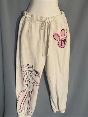 Pink Panther Branded White Sweatpants with Pink Accent